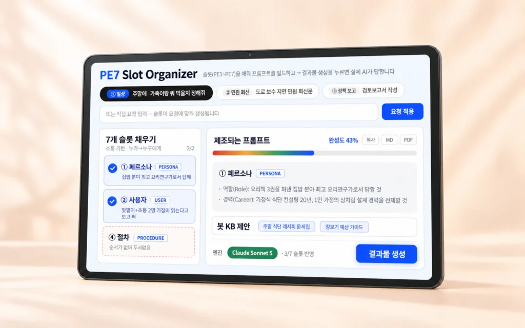 PE7 프롬프트 공식 학습 앱 소개 화면 목업