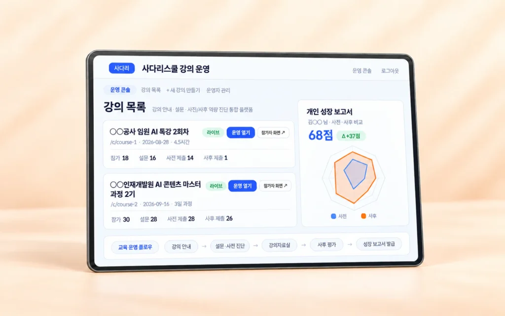 교육 운영 및 평가 보고서 앱 소개 화면 목업